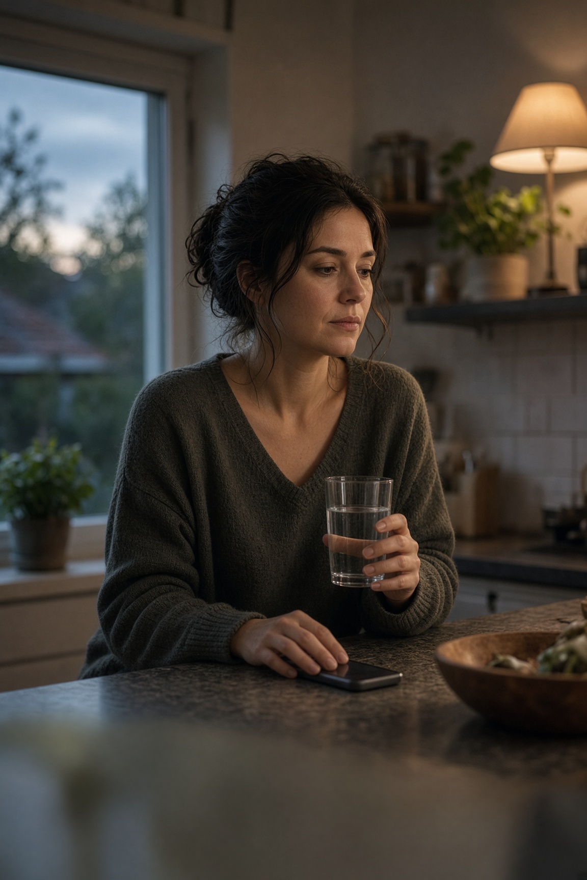 A woman at her kitchen counter at dusk, a glass of water in one hand and her phone face down under the other.