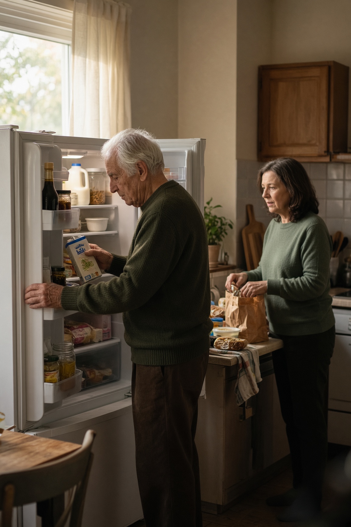 An elderly man loading groceries into his own refrigerator while his adult daughter unpacks a paper bag at the counter behind him.