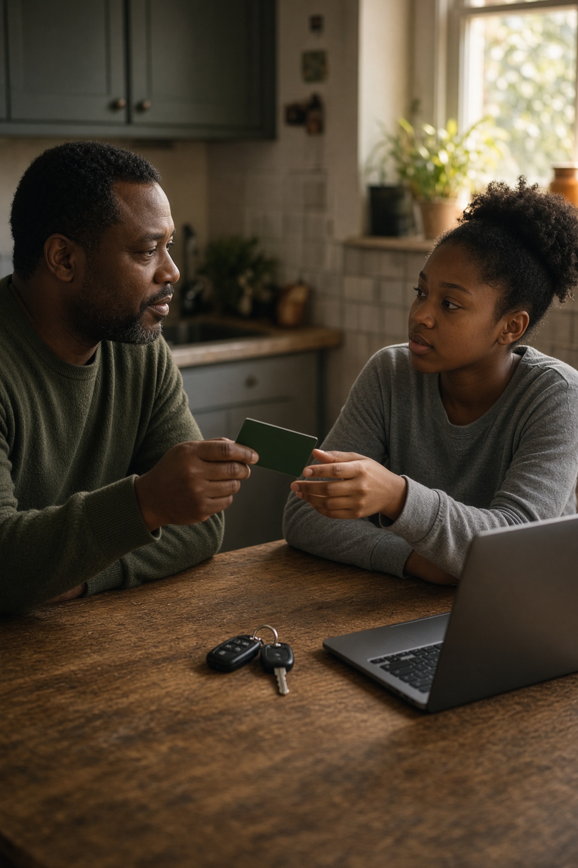 A father passing a plain green card across the kitchen table to his teenage daughter, car keys and a laptop beside them.