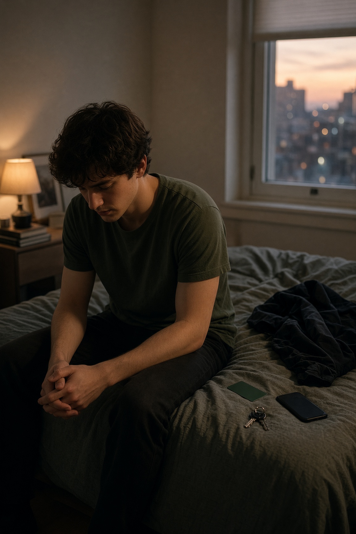 A young man sitting on the edge of his bed at dusk, his jacket thrown behind him, keys and a plain green card on the duvet with his phone face down.