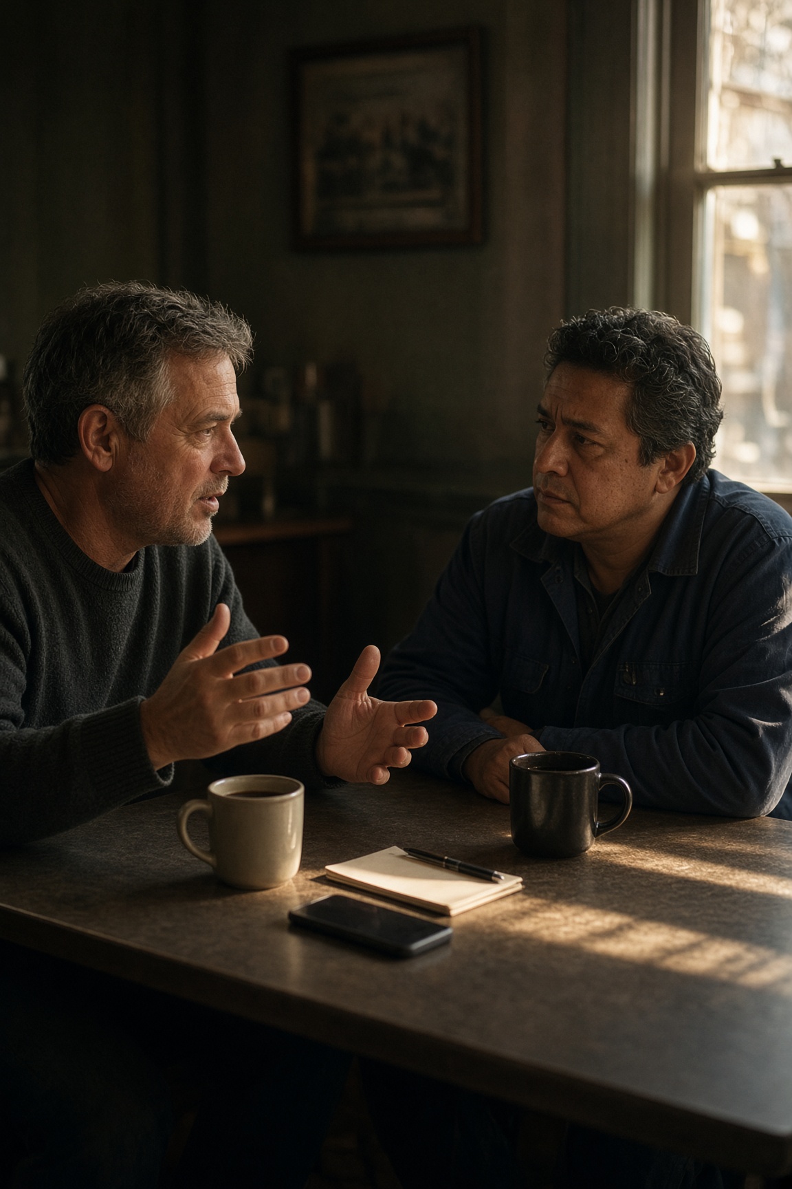 Two men talking across a kitchen table in afternoon light, coffee mugs and a notepad between them, one phone face down.